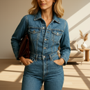Avery denim long-sleeve jumpsuit for women with a straight-leg fit