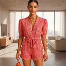Aria short printed jumpsuit for women with a flattering belted waist